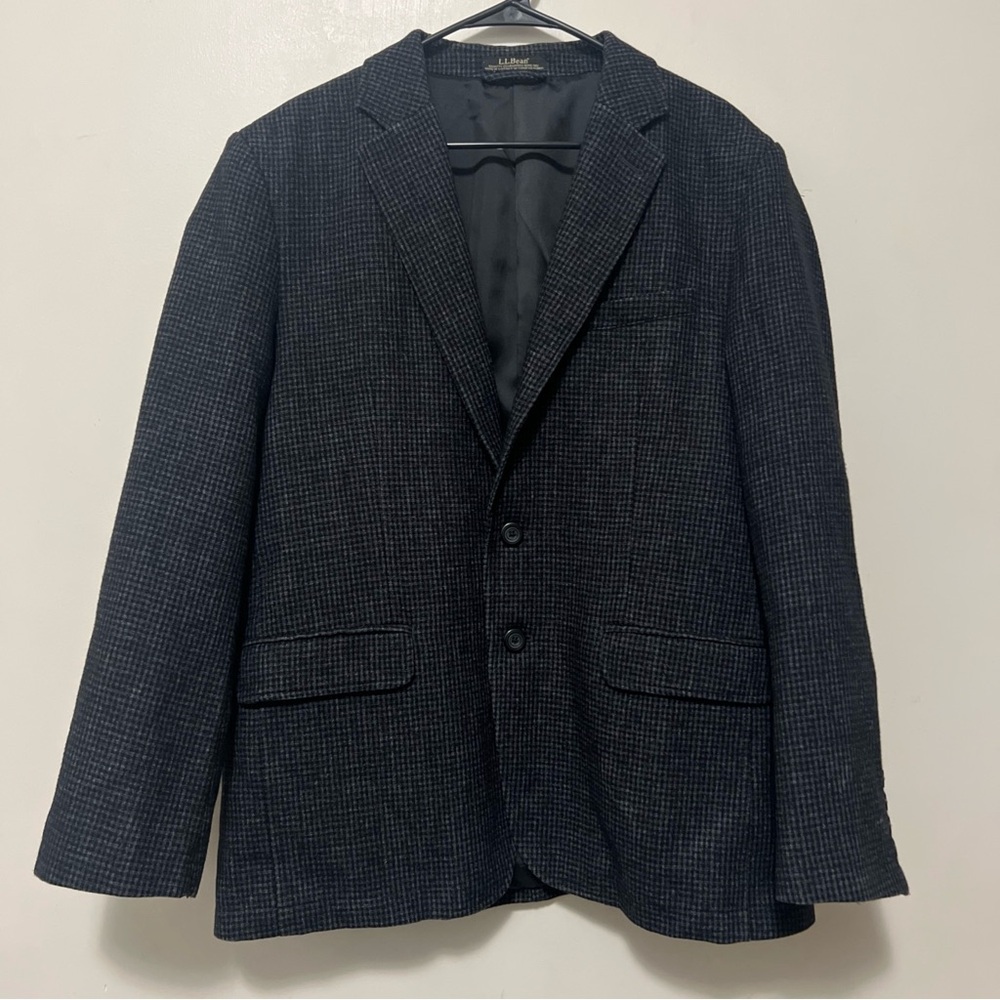 LLBean Blazer sport coat Men's size 42 Regular black grey 65% wool tweed jacket